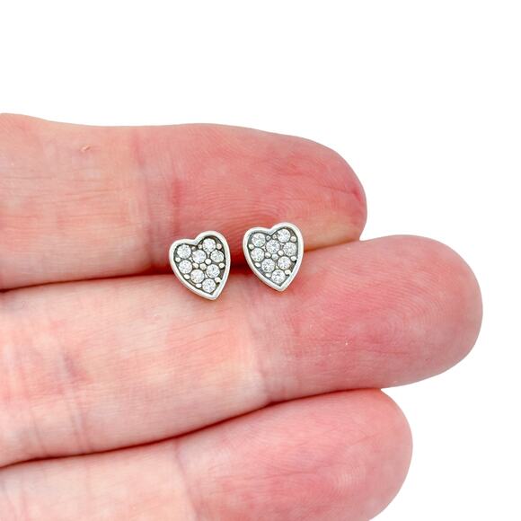 Vintage Sterling Silver Heart Earrings 1cm | Cubic Zirconia Studs | Romance - Picture 1 of 8
